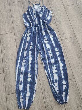 Bebe Girls Tie Dye Jumpsuit Long Pant Blue White Size Medium 10-12